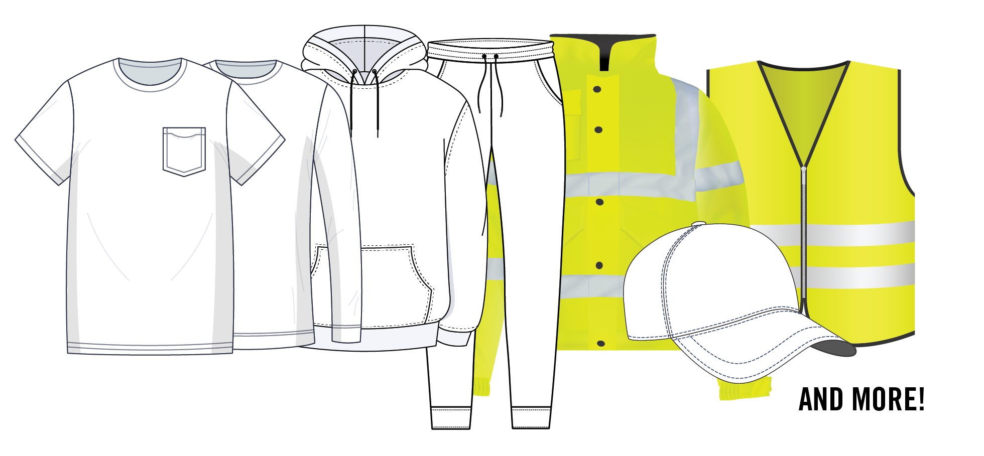 Different clothing options suitable for embroidery include t-shirts, hoodies, pants, high vis jackets and vests and hats.